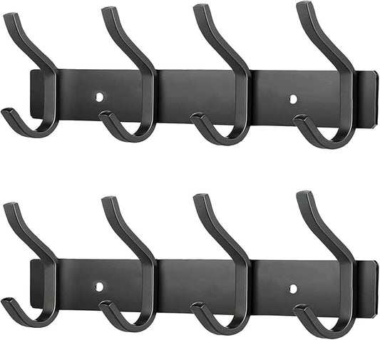 Wall Hooks, 12 Inch Coat Rack Wall Mount with 4 Hooks, Black Wall Hooks for Entryway, Bathroom - for Hanging Backpack, Bag, Coat, Purse, Hat, Towel, Clothes,2 Packs