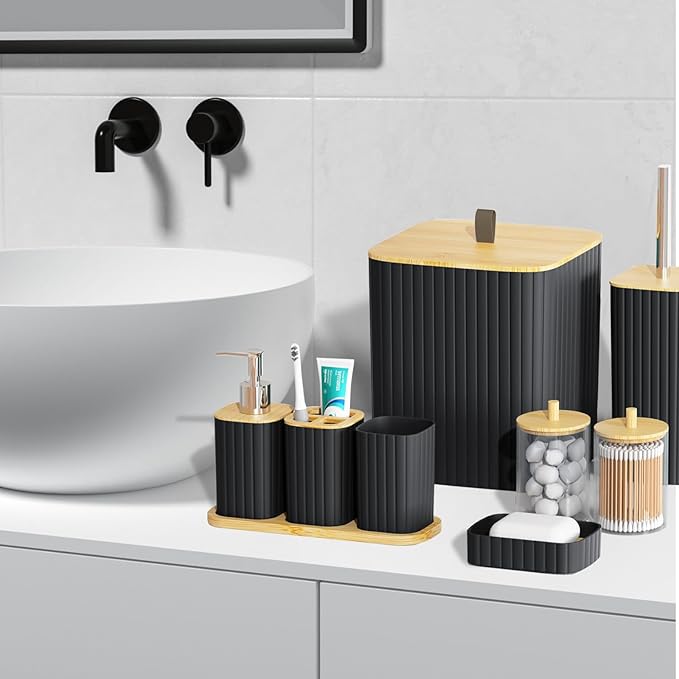 Bathroom Set - 22PCS Black Bathroom Accessories Set Trash Can Toilet Brush Holder Set Soap Dispenser Bathroom Accessory Set with Shower Curtain Bathroom Decor Set for Home, Restroom