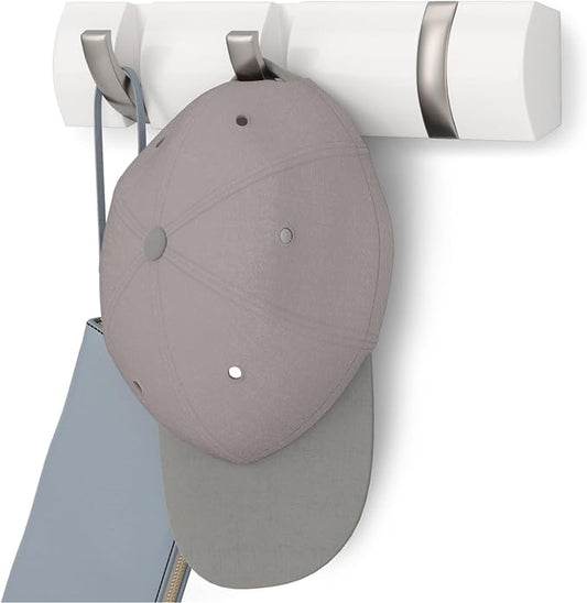 Umbra Flip Wall-Mounted Coat Rack with 3 Hooks – Modern, Space-Saving Storage for Hats, Jackets, Bags, Entryway, Mudroom, Closet, Bathroom, Bedroom – White/Nickel