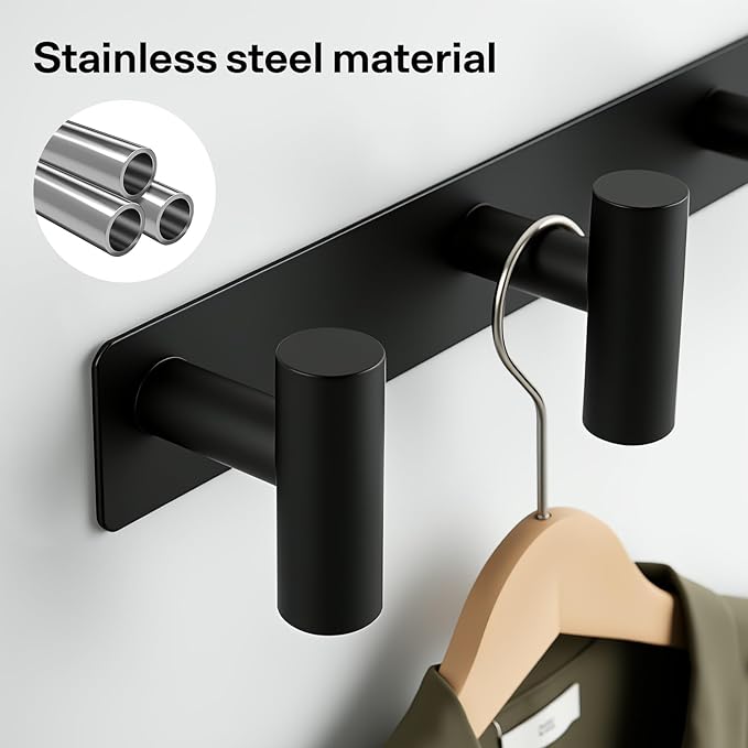Black Wall Mounted Coat Rack – 5 T-Shaped Towel Rack for Hats, Bags & Towels, Stainless Steel Heavy-Duty Coat Hanger Towel Hooks for Entryway, Bathroom, Closet, Bedroom