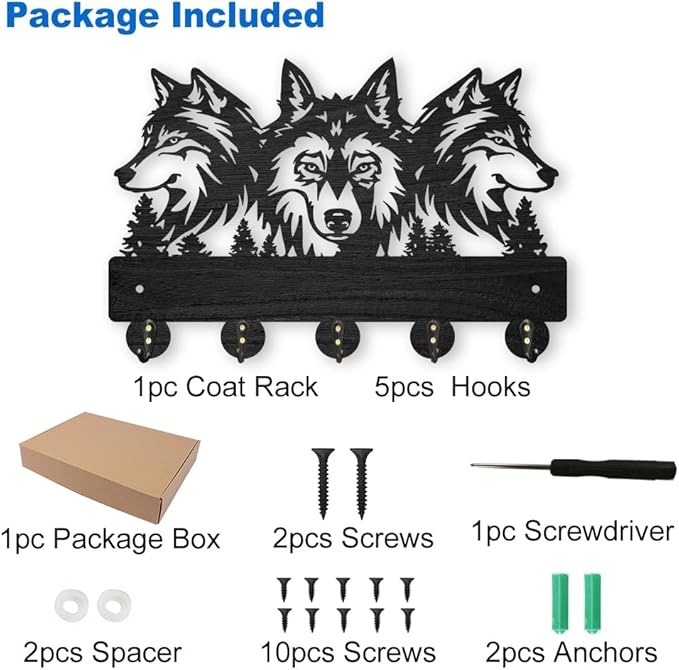 MAYJOYDIY Wood Wolf Wall Mount Coat Rack 11.8×8inch Wolf Forest Key Holder for Wall Coat Rack Wolf Key Hook 5 Alloy Hooks Animal Theme Wall Art Hook Gift for Hallway Office Living Room