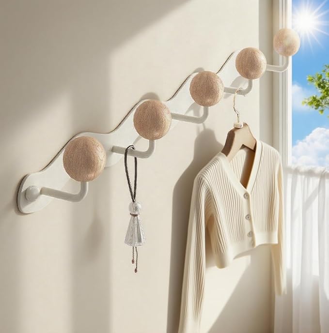 2 Pack Coat Rack Wall Mount,White Wall Hooks,Anti-Tear Wooden Ball Hook Rail, Heavy Duty Metal Coat Hanger Wall Mount for Entryway, Bathroom, Bedroom, Kitchen(White)