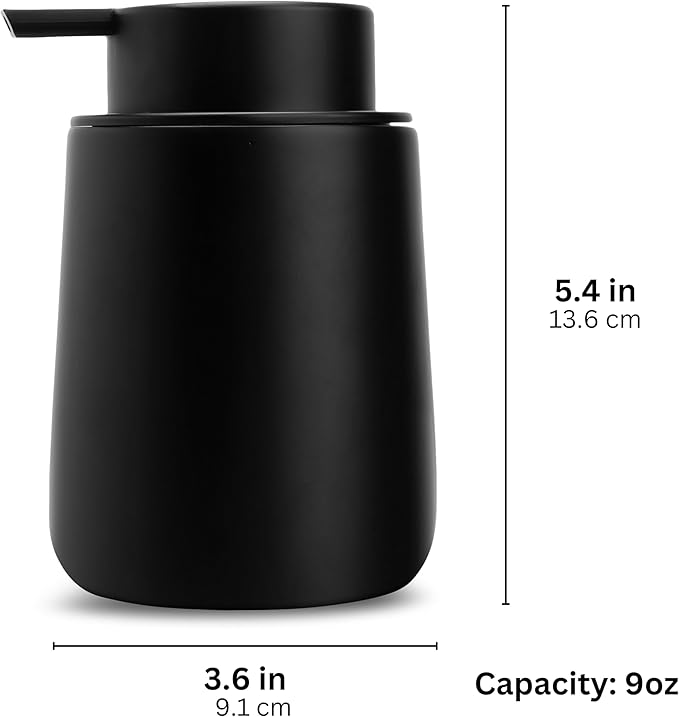 Matte Black Round Soap Dispenser for Kitchen & Bathroom – 9 oz Refillable Resin Pump Bottle for Dish Soap, Hand Soap, Shampoo, Conditioner – Modern Countertop Dispenser with Non-Slip Protective Pads