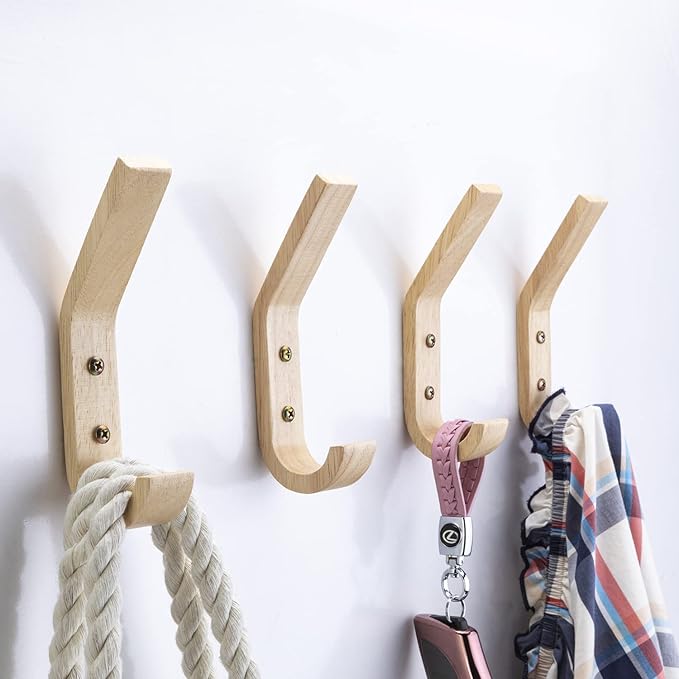 4 Pack Natural Wood Coat Hanger, Wall Hooks Mounted for Coats, Hats, Bags, Towels.