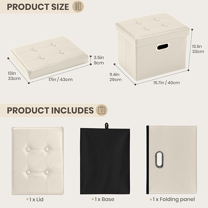 COSYLAND Storage Ottoman Foot Rest - 17x13x13in Leather Ottoman Rectangle Foot Stool Folding for Room Dorm Small Collapsible Bench Seat Organizer Entryway Furniture with Handles Lid Beige