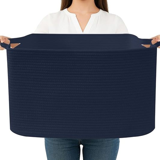 Magazine & Newspaper Baskets,Large Woven Rope Blanket Basket,24"x16"x15"Storage Bin with Handle,Toys Storage,Laundry Basket for Home Organization/Living Room/Nursery/Bedroom,Navy
