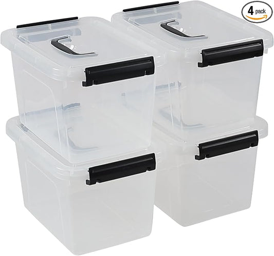 6 Quart Clear Organizer Bin with Lid Set of 4, Plastic Latching Storage Box
