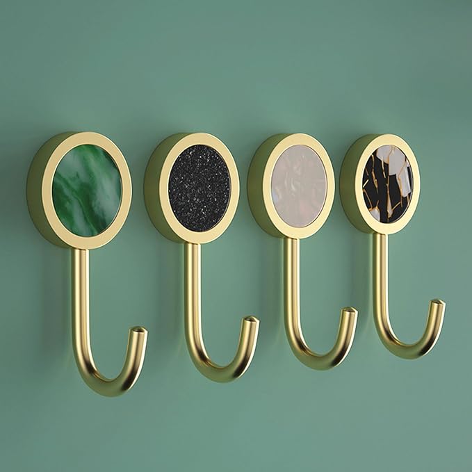 2 Pack Adhesive Hooks, Brass Wall Hooks, Bath Towel Hook, Self Adhesive Hooks Wall Hangers Without Nails for Entryway Kitchen Bathrooms Door (Green)