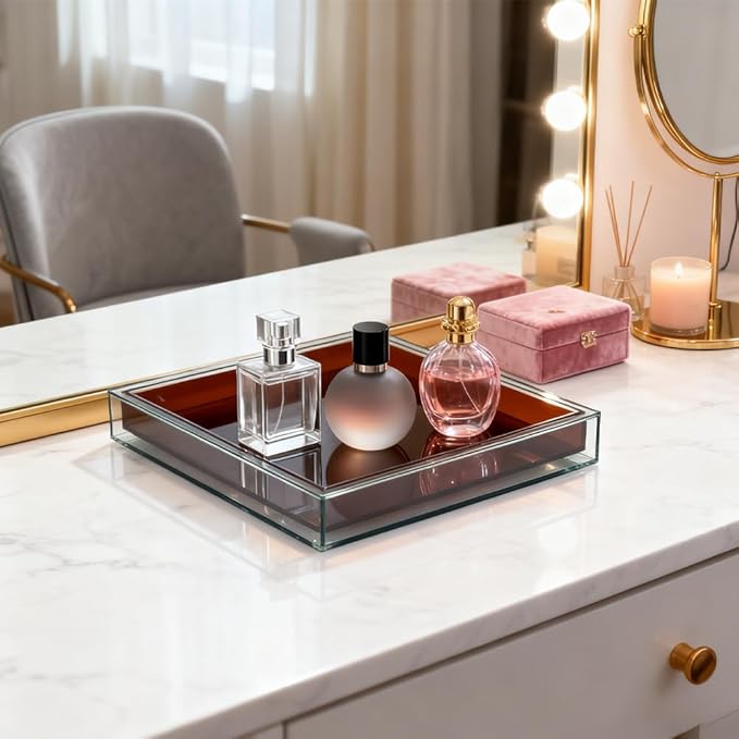 10"x10" Brown Acrylic Tray, Decorative Bathroom Vanity Counter Tray for Perfume, Candle, Soap, Coffee Table & Kitchen â Square Acrylic Organizer for Sink, Entryway Table, Dresser Home Decor