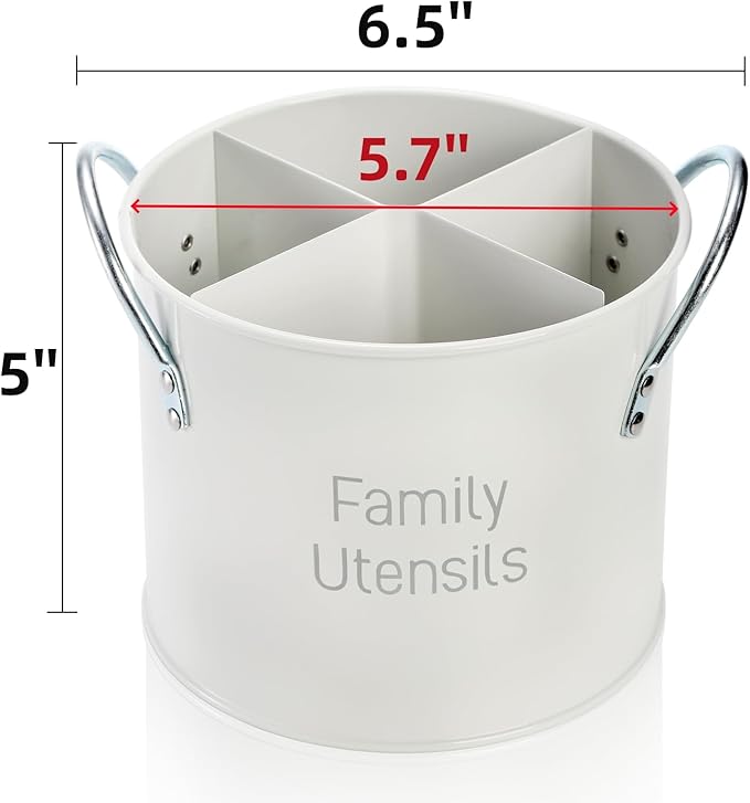 Vintage Utensil Holder, 4 Compartment Metal Silverware Caddy with Removable Divider, Rotating Spatula Crock for Countertop, White Cooking Utensil Organizer for Spoons Knives Forks