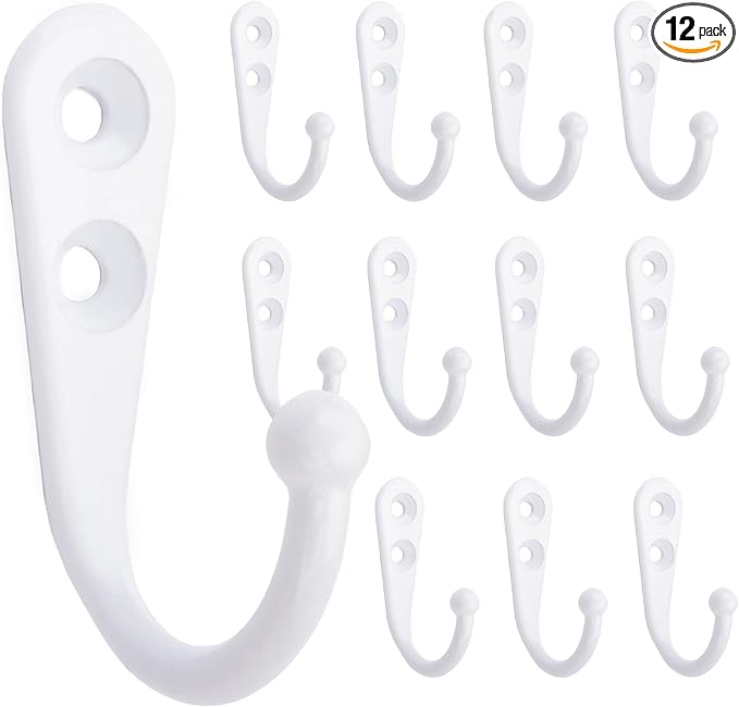 Alele 12Pcs Wall Mounted Coat Hooks,Single Prong Robe Hook for Hanging,White-Painted (White Single Rebo Hook 12p)