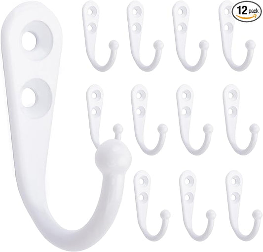 Alele 12Pcs Wall Mounted Coat Hooks,Single Prong Robe Hook for Hanging,White-Painted (White Single Rebo Hook 12p)