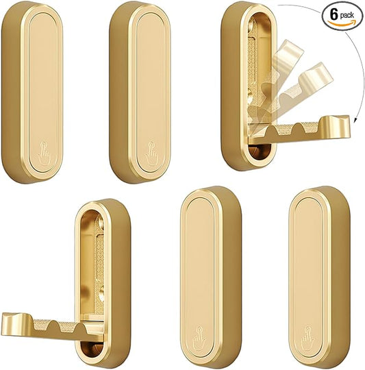 6PCS Folding Coat Hooks, Heavy Duty Wall Hooks Made of Zinc Alloy, Foldable Gold Wall Hooks for Hanging Coats, Scarves, Hats, Bathrobes, Keys, Bags (Gold)