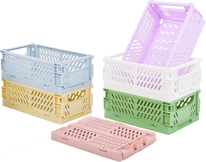 6-Pack Mini Plastic Storage Basket for Shelves Organizing, Small Basket Folding Plastic Crate Compact Storage Bin Organization for Classroom Home Kitchen Office,Christmas/New Year's/Thanksgiving Gifts