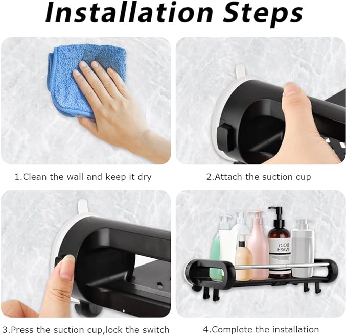 Strong Suction Cup Shower Caddy, Shower Shelf for Home Storage, No-Drilling Removable Bath Organizer Suction Powerful Heavy Duty, Wall Mounted Easy Install, With Shampoo Brush