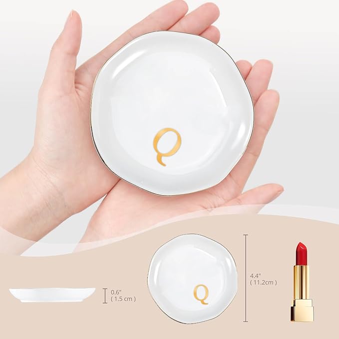 ProCase Ceramic Jewelry Tray, Initial Ring Dish Trinket Plate Engagement Gift, Small Personalized Monogram Ring Bowl for Wedding, White Decorative Jewelry Holder for Women Vanity -Letter Q