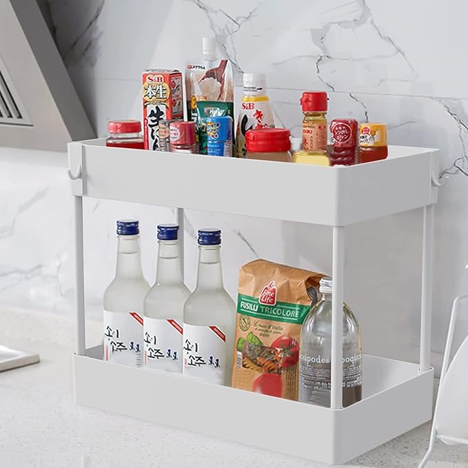 Under Sink Organizer, Under Bathroom Sink Storage 2 Tier Organizer Bath Collection Baskets with Hooks, Under Sink Shelf Organizer Rack, Multi-purpose Under Sink Storage for Bathroom Kitch(Color:White)