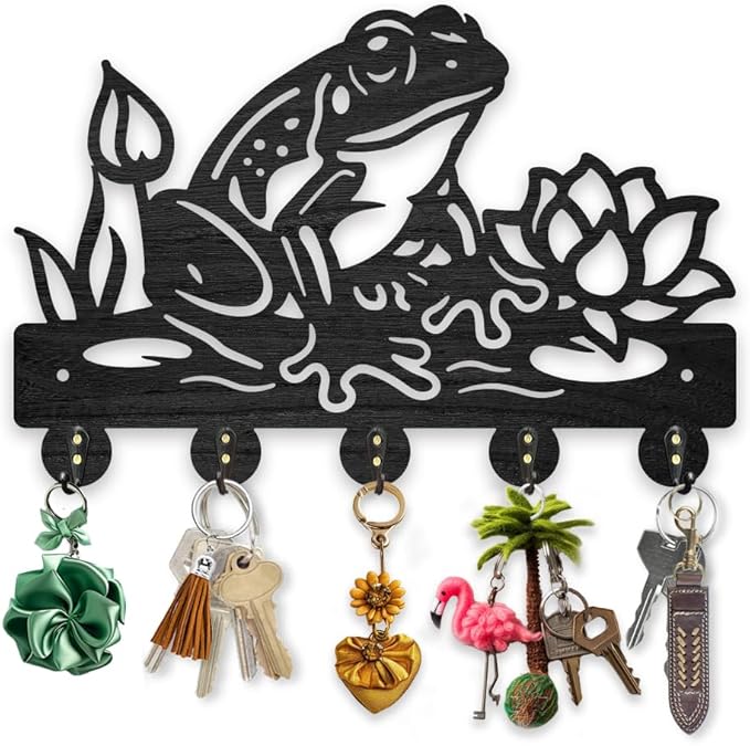 MAYJOYDIY Wooden Frog Lotus Flower Coat Hooks Summer Pond Key Holder for Wall 11.8×7.9inch Decorative Wall Hooks for Hanging with 5 Alloy Hooks for Entryway Kitchen Office Gift