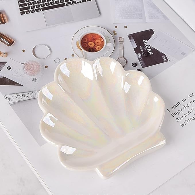 Shell Trinket Dish, Ceramic Ring Holder/Jewelry Tray, Cute Organizer Plate Vanity Decorations Accessories for Home DÃ©cor Bathroom Valentine's Friendship Birthday Christmas Gift for Women
