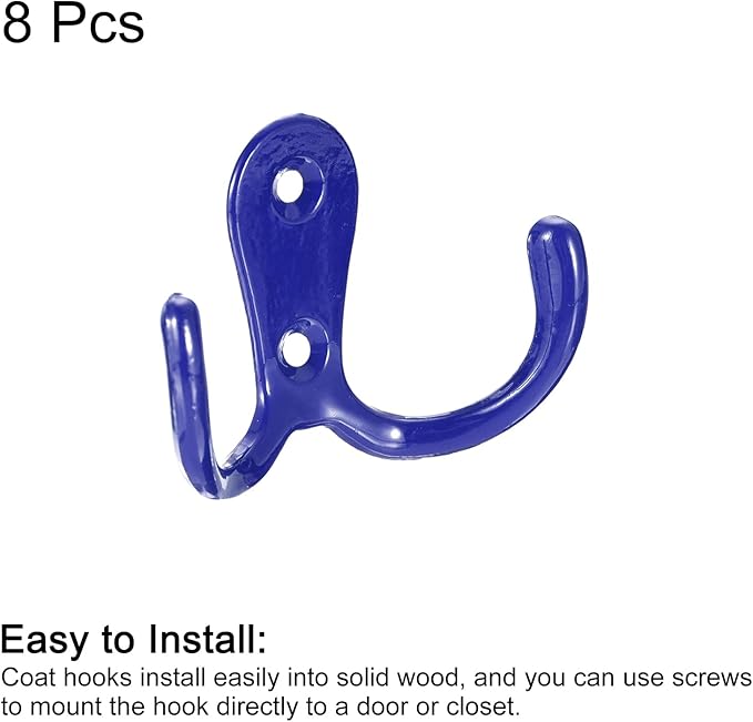 uxcell Wall Hooks, 8Pcs - Zinc Alloy Double Prong Retro Hook, Hooks for Hanging Towel Coat Backpack Clothes Scarf Keys Hat Cup (Blue)