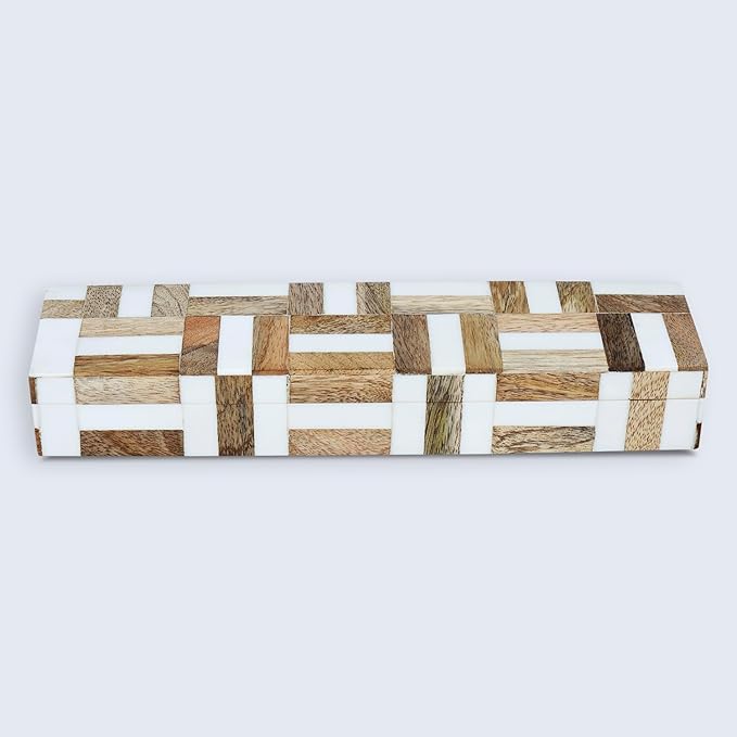 Handicrafts Home White Decorative Box with Lid–Marquet Resin Inlay & Wood Decorative Boxes for Home Decor, Decor, Storage Box for Jewellery & Keys White Brown Neutral Decorative Storage Box-10x2.5x1.5