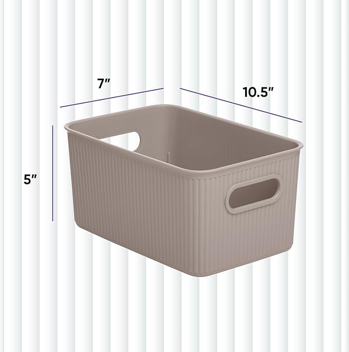 Superio Ribbed Collection - Decorative Plastic Basket Open Home Storage Bins Organizer, Medium Taupe (6 Pack) Container Boxes for Organizing Closet Storage Bins for Shelves Drawer Shelf 5 Liter
