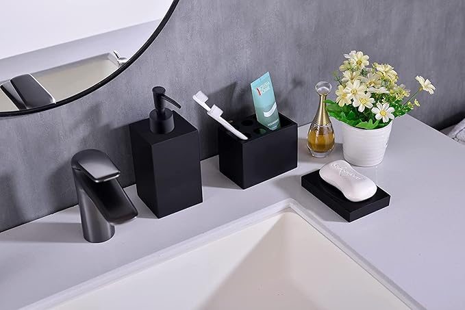 5-Piece Matte Black Bathroom Accessory Set - Modern Design Set with Soap Dispenser, 2 Tumbler Cups, Soap Dish & Toothbrush Holder