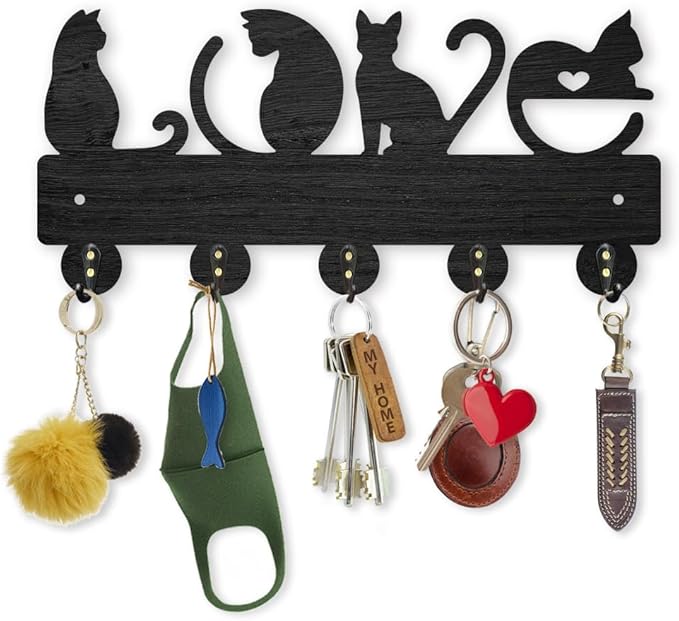MAYJOYDIY Wood Love Cat Coat Rack Wall Mount 11.85.4inch Cat Love Heart Key Holder 5 Alloy Hooks Animal Theme Wall Key Rack for Gift Front Door Hallway Art Decor