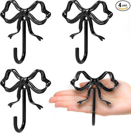 4 PCS Large Size Black Bow Wall Hook, Black Coat Hook, Metal Hooks, Bow Room Decor Hooks for Coats, Coffee Mugs, Hats, Bags, Bath Towels and Room Decorations