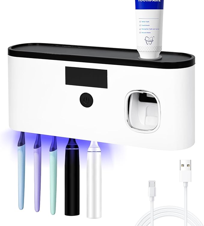 Punch-Free Wall Mounted Bathroom Toothbrush Holder, 5 Toothbrush Slots, Bathroom Toothbrush Sterilizer with Toothpaste Dispenser USB Charging Toothbrush Holder (White)