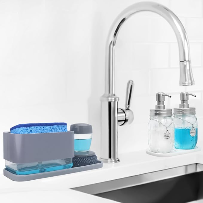 Dish Soap Dispenser with Sponge Holder for Kitchen Sink, 2 in 1 Kitchen Soap Dispenser with Water Scraper, 2 Pack Scratch Dish Sponges for Kitchen Countertop, Sink, Bathroom, Cleaning Gadgets
