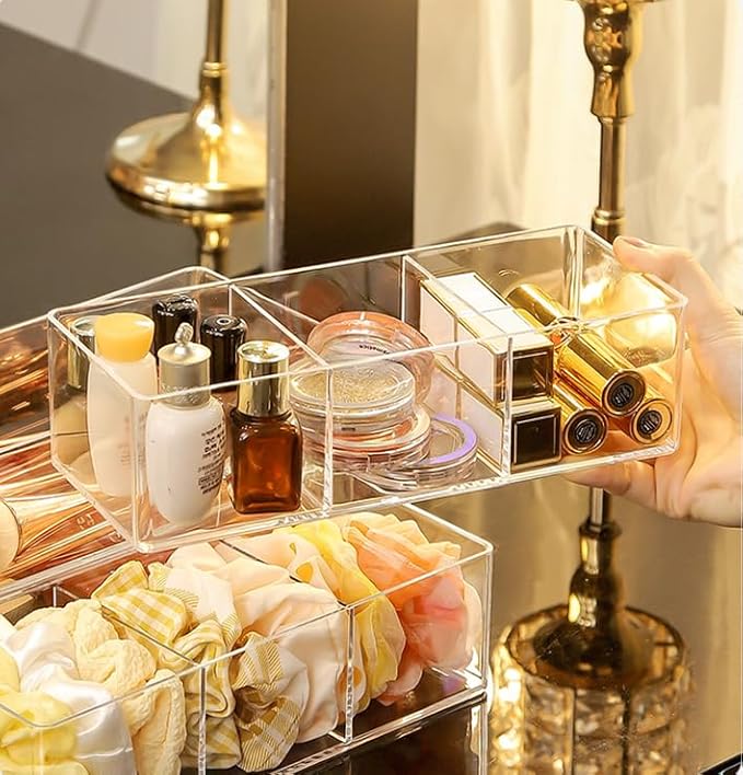 Stackable Clear Drawer Organizers Small Makeup Vanity Storage Bins Trays and Office Desk Drawer Dividers Triple Compartments 2 Pack