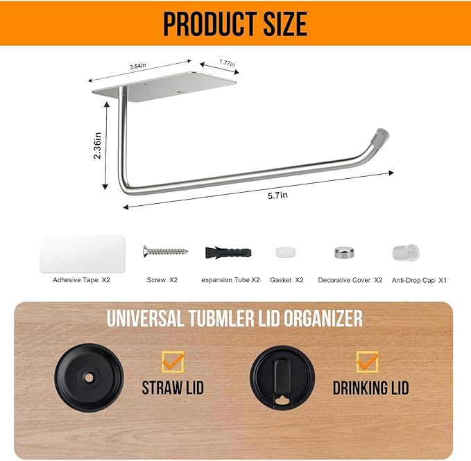 Tumbler Lid Organizer, Stainless Steel Cup Lid Organizer, Self-Adhesive or Drilling Tumbler Lid Storage for Owala Stanley Yeti Simple Modern, Kitchen Organizer and Storage(1, Silver)