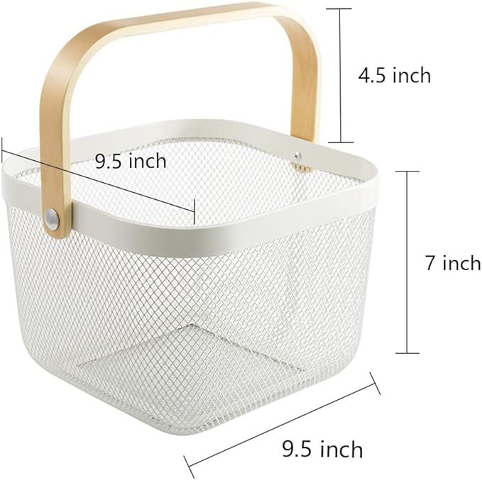Mesh Steel Storage Organizer Basket Fruit Basket Bin with Wood Handle Ideal for Kitchen Bathroom Picnic Baskets Pantry Cabinets Storage Home Decor (White)
