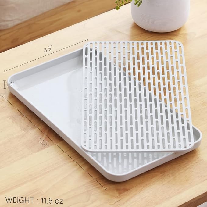 2 Pack Serving Tray & Dish Rack & Flat Drain Board, Multi-Use Tray for Serving, Fruit Drain, Cup Drain, White & Grey, Perfect for Coffee Table, Kitchen, Outdoors (8.85W x 15.35L)