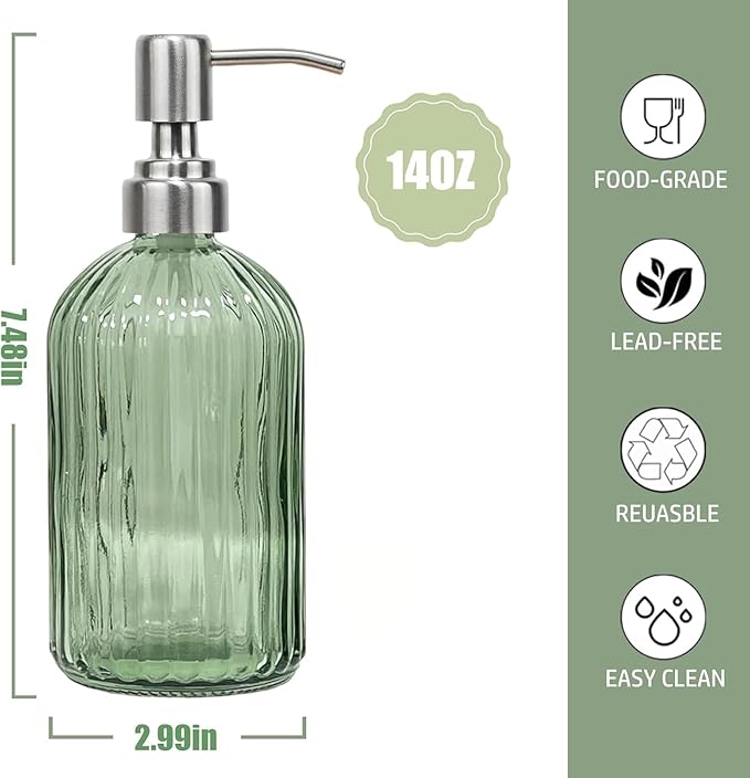 14Oz Green Soap Dispenser Bathroom - 2 Pack, Clear Glass Hand Soap Dispensers with Stainless Steel Pump, Refillable Dish Soap Dispenser for Kitchen, Countertop Soap Dispensers