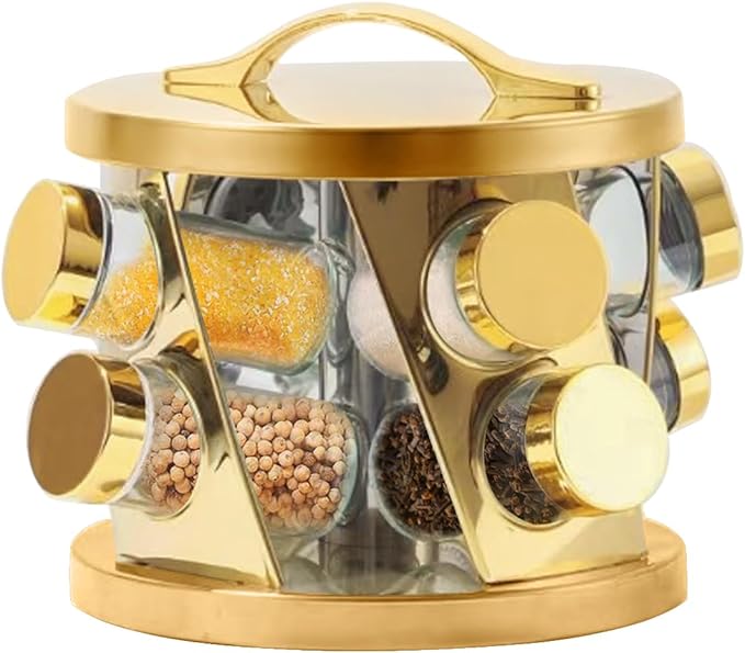 TINMIX Portable Stainless Steel Spice Rack with 8 Spice Jars Included Revolving Spice Organizer for Kitchen Tower Storage Rack for Spices and Seasoning Gold
