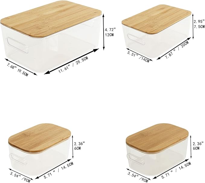4 Pack Clear Plastic Storage Bins with Bamboo Lids, storage boxes ,Storage Containers, Medicine Cabinet,Organizer, picnic container,Bread Box for Kitchen,Cupboard, Pantry Shelves, bathroom in 3 sizes