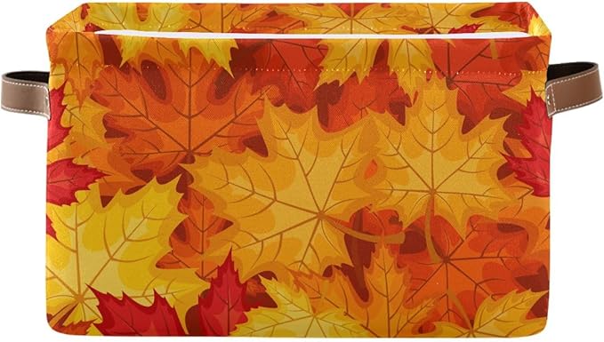 Fall Maple Leaves in Autumn Storage Basket,Large Storage Bin Fabric Collapsible Organizer Bag with Handles 15x11x9.5 inch