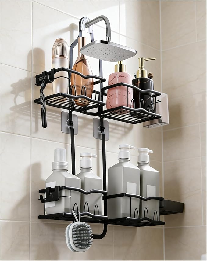 Shower Caddy Hanging – Rustproof Shower Organizer Hanging for Inside Shower – Over the Showerhead Rack with Soap Holder & Razor Hooks, No Drilling Bathroom Shower Shelves and Storage, Black