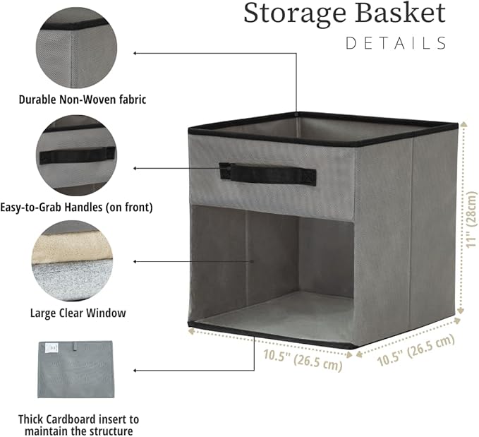 DECOMOMO Storage Bins, Cube Storage Bin with Window, Fabric Storage Cubes for Shelves (11" / 6pcs, Grey)