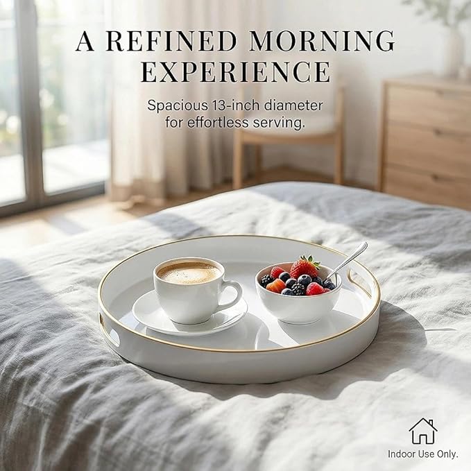 Zosenley Decorative Tray, Round Plastic Tray with Handles, Modern Vanity Tray and Serving Tray for Ottoman, Coffee Table, Kitchen and Bathroom, Size 13â (White)