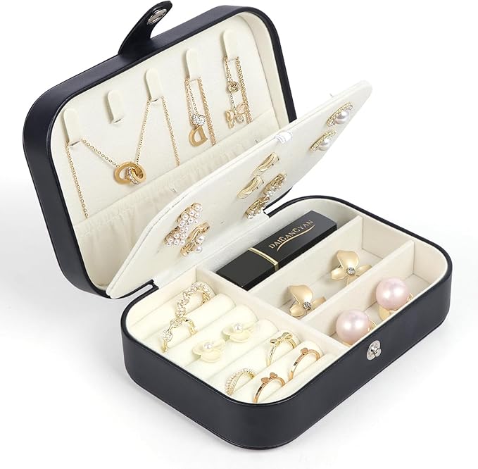 Travel Jewelry Box,Small Jewelry Organizer Boxes for Women Girls, 2 Layer Travel Jewlery Case,PU Leather Mini Portable Jewerly Storage Display Holder for Earrings,Ring,Necklaces,Bracelets -Black