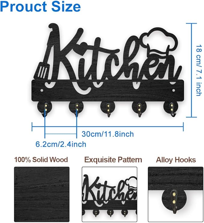 MAYJOYDIY Wooden Kitchen Key Holder for Wall 11.8×7.1 inch Chef Hat Kitchenware Wall Mounted Key Hook Rack with 5 Alloy Hooks for Entryway Restaurant Kitchen Home Art Decor