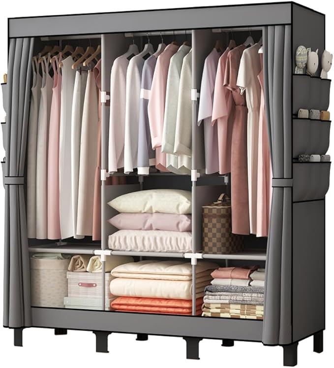 Portable Closet, 51.18" Large Capacity Clothing Storage Organizer with 3 Hanging Rods 6 Shelves 18 Side Pockets, Dustproof Sturdy Wardrobe for Bedroom Dorm Rental Apartment(Grey, Large)