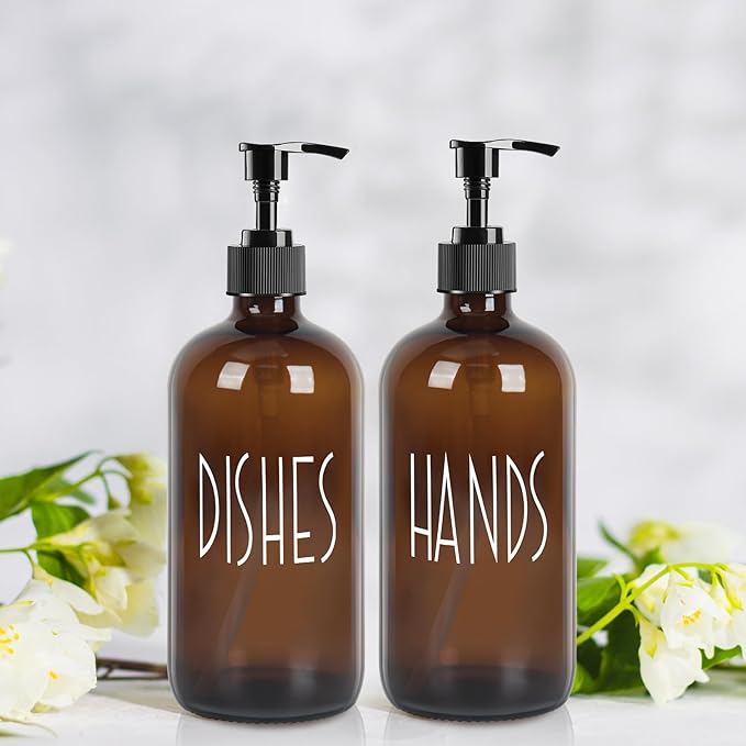 Dish Soap Dispenser with Plastic Pump for Kitchen - 16 OZ Glass Hand Soap Dispenser Set - Kitchen Bathroom Decor and Accessories (Dark Brown)