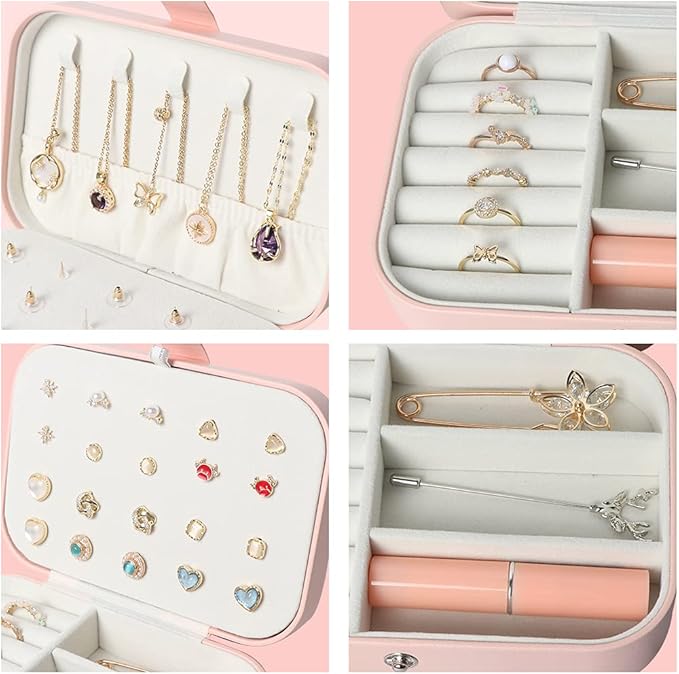 Travel Jewelry Box, Small Jewelry Organizer Boxes for Women Girls, 2 Layer Travel Jewlery Case, PU Leather Mini Portable Jewerly Storage Display Holder for Earrings, Ring, Necklaces, Bracelets - Pink