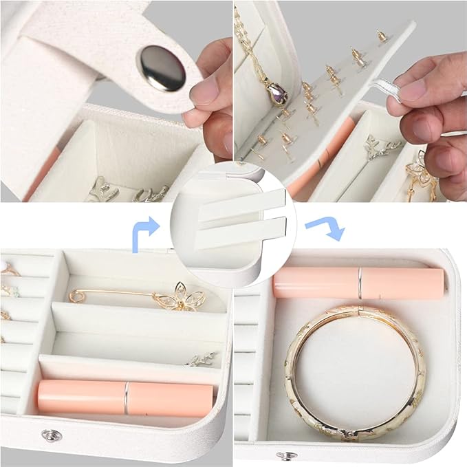 Travel Jewelry Box, Small Jewelry Organizer Boxes for Women Girls, 2 Layer Travel Jewlery Case, PU Leather Mini Portable Jewerly Storage Display Holder for Earrings, Ring, Necklaces, Bracelets - White