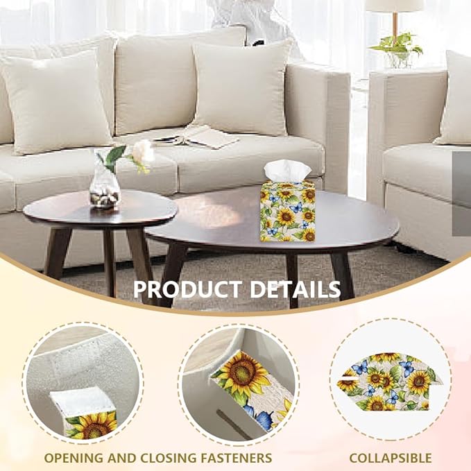 Sunflowers Tissue Box Holder, Butterflies Square Tissue Box Cover Foldable Tissue Storage Box Waterproof Paper Towel Case Container Organizer Tissue Box Holder for Bathroom Car Nightstand