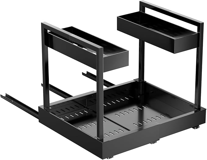 NEWMATIC Adjustable Under Sink Organizer Pull Out Drawers, 2-Tier Slide Out Cabinet Storage Shelf for Kitchen Sink, Height & Width Extendable Black, 15''D x 13''-20.5''W x 15''H(1Pack)